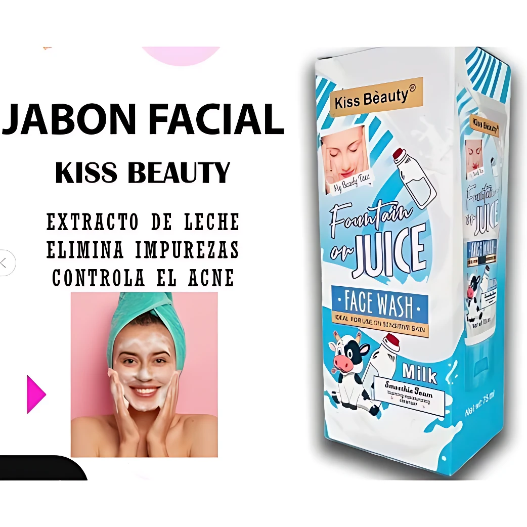 Jabón facial Kiss Beauty con extracto de leche, en presentación tipo cartón azul y blanco, con de vaca y texto que indica “Face Wash” y “Milk”. Incluye de mujer aplicando el producto en rostro.