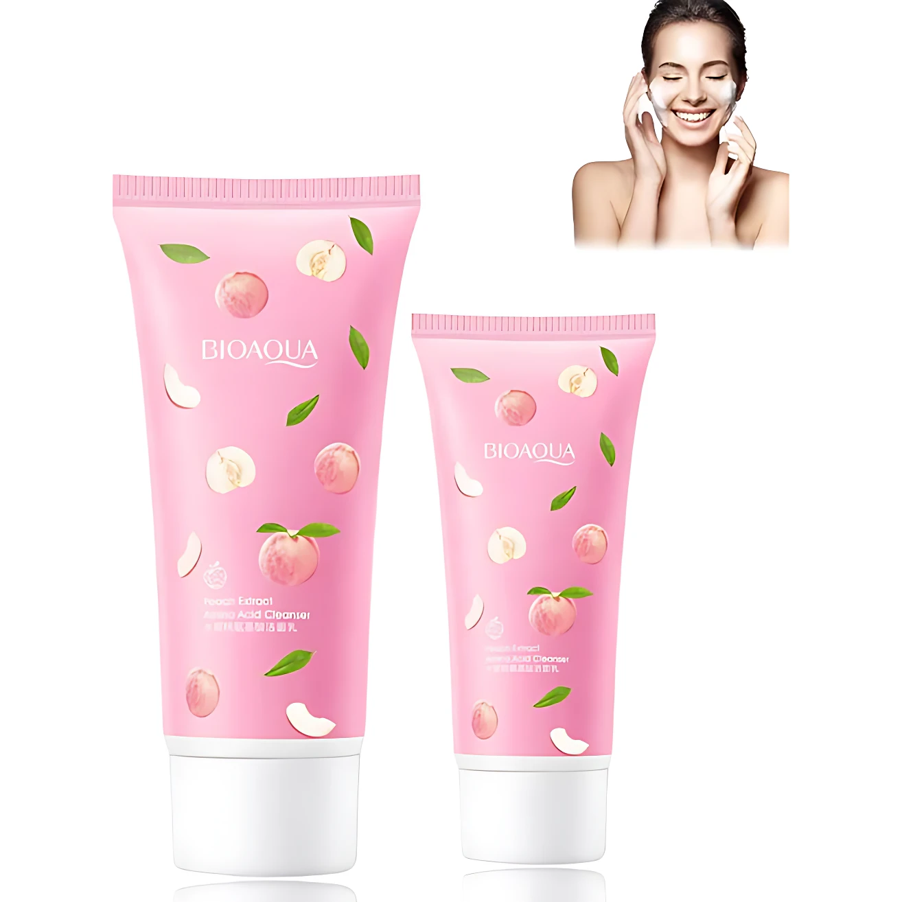Set de dos tubos de jabón facial Bioaqua Durazno Vitamina E, presentados en color rosa con ilustraciones de duraznos y hojas verdes. Incluye una mujer aplicando el producto en el rostro.