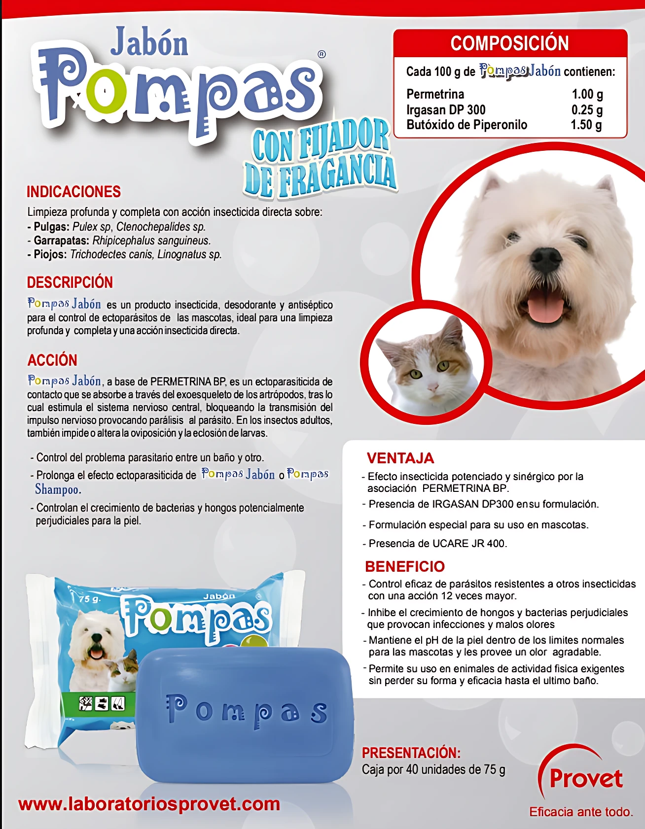 Jabón Pompas con permetrina, presentación de dos unidades: una barra azul y su empaque con de perro y gato. Ideal para limpieza y desparasitación en un solo baño.
