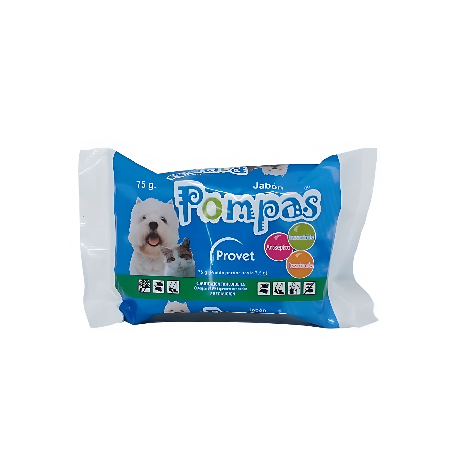 Paquete de jabón Pompas Provet de 75 gramos, con imágenes de perro y gato, diseñado para limpieza y desparasitación en mascotas.