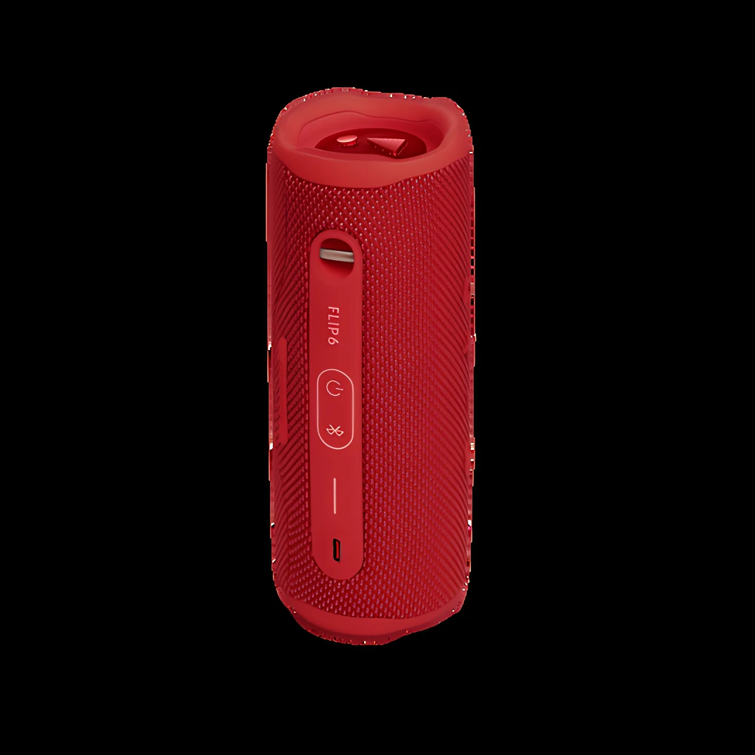 Altavoz Bluetooth JBL Flip 6 en color rojo, con acabado texturizado y controles laterales visibles.