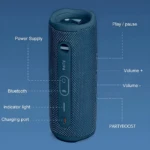 Altavoz JBL Flip 6 en color azul oscuro, con textura de malla y controles laterales visibles para reproducción, volumen y Bluetooth.