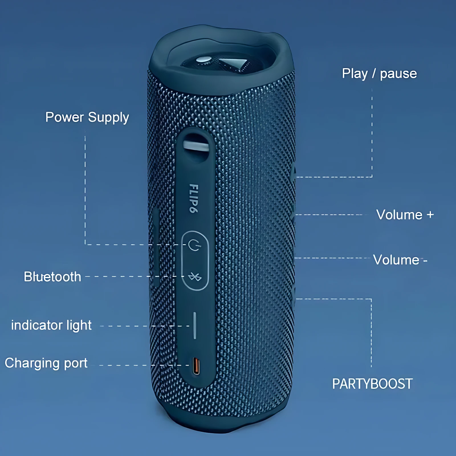 Altavoz JBL Flip 6 en color azul oscuro, con textura de malla y controles laterales visibles para reproducción, volumen y Bluetooth.
