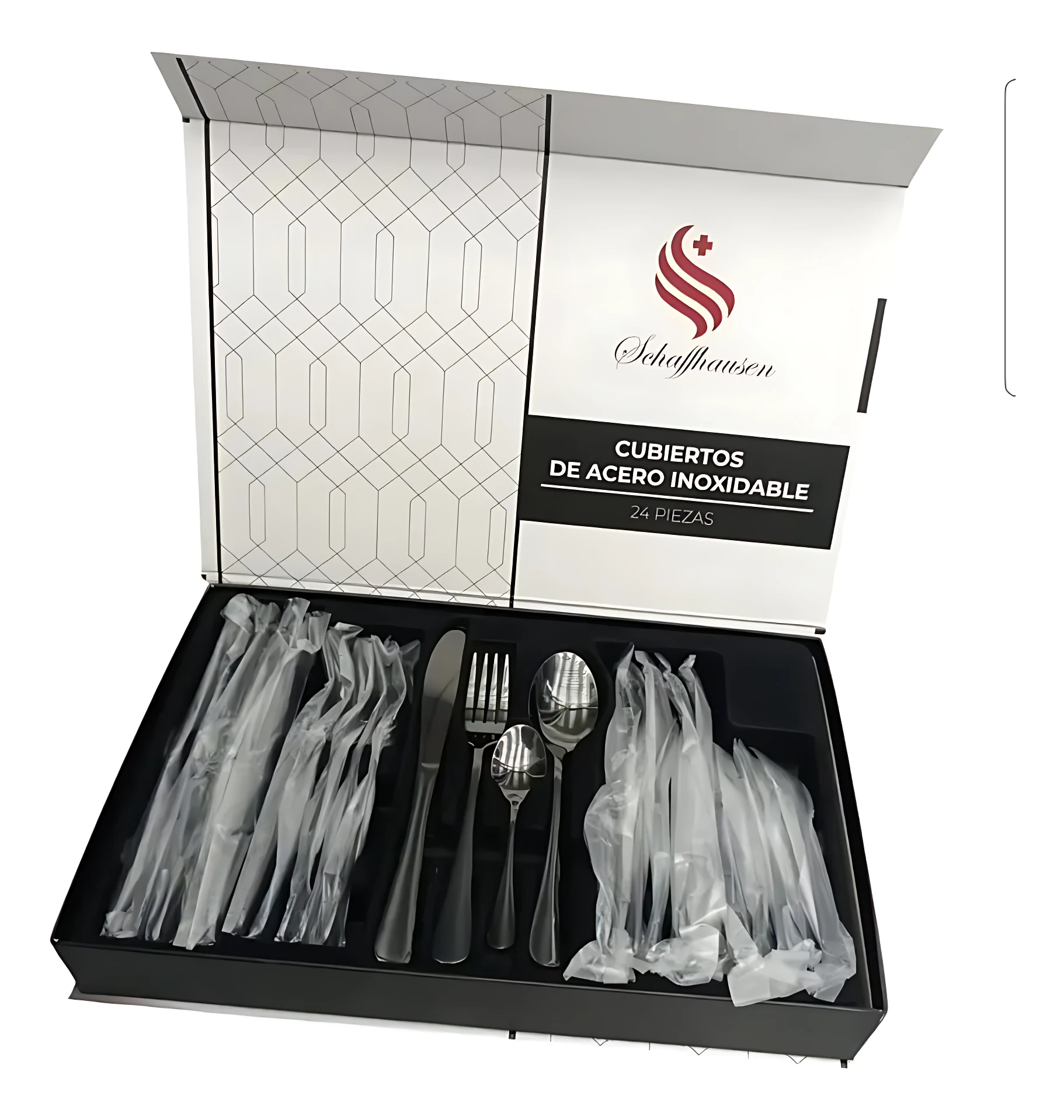 Juego de cubiertos acero inoxidable negro mate, caja abierta mostrando 24 piezas individuales en compartimentos, con tenedores, cuchillos y cucharas envueltas en plástico transparente.
