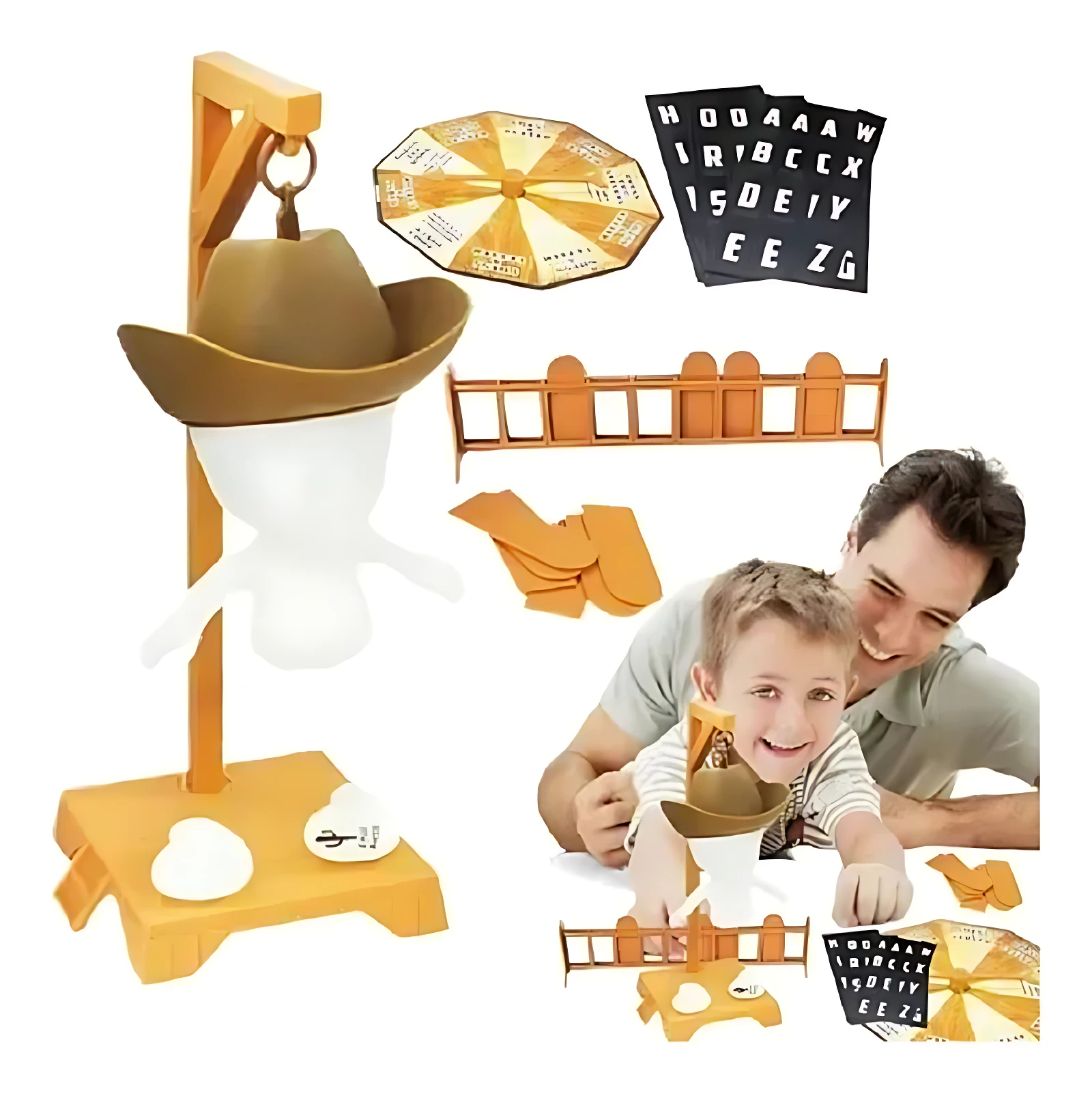 Juego de mesa Ahorcado Interactivo con soporte giratorio en madera, incluye sombreros, tarjetas con letras y rejas para jugar en familia.