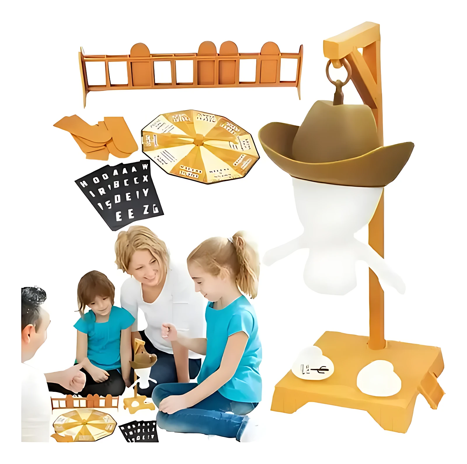 Juego de mesa Ahorcado interactivo con soporte giratorio, incluye sombrero, base amarilla, tablero de letras y piezas de madera para jugar en familia.
