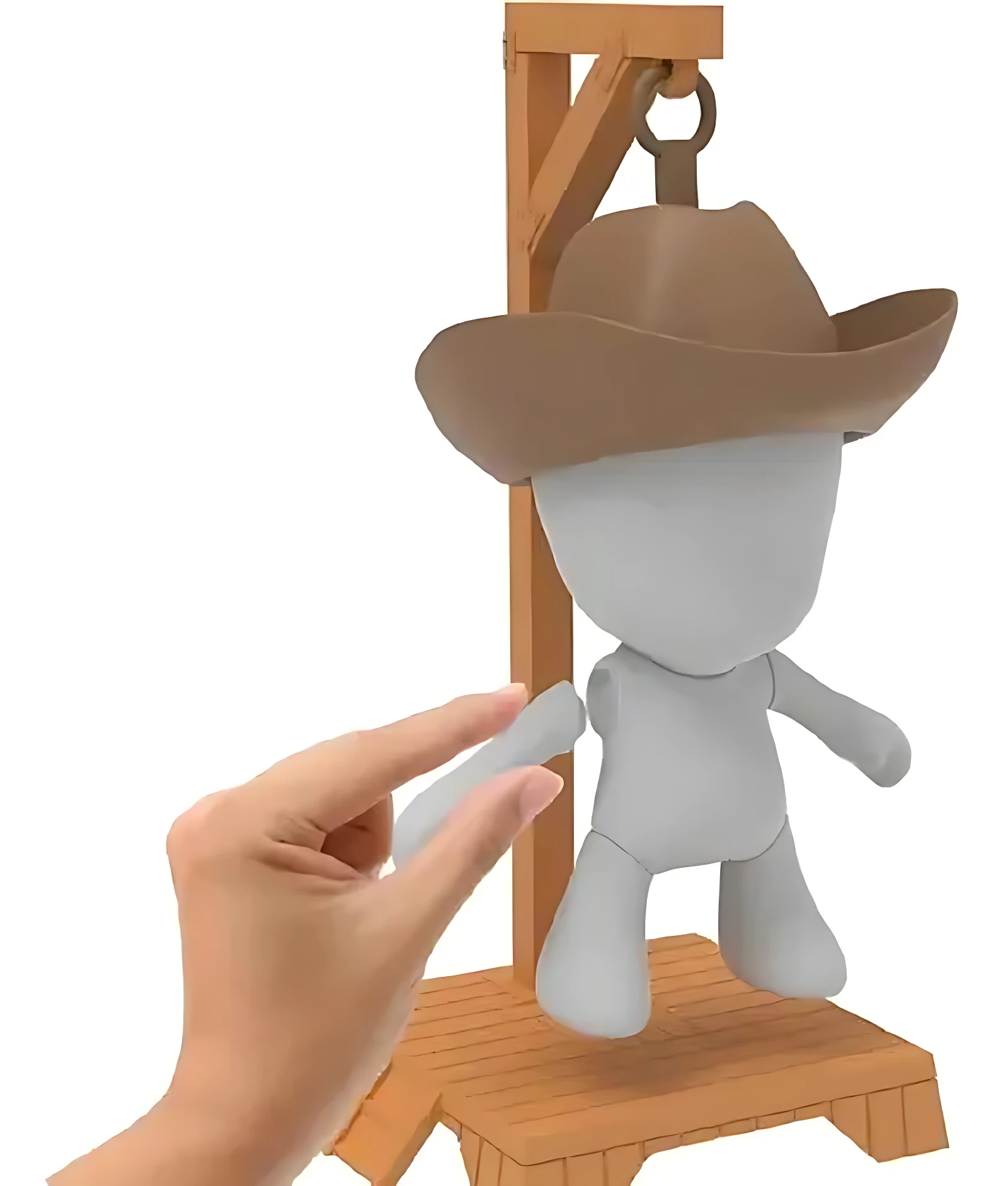 Figura de goma eva en color gris claro con sombrero marrón, montada sobre soporte giratorio de madera para juego de mesa interactivo.