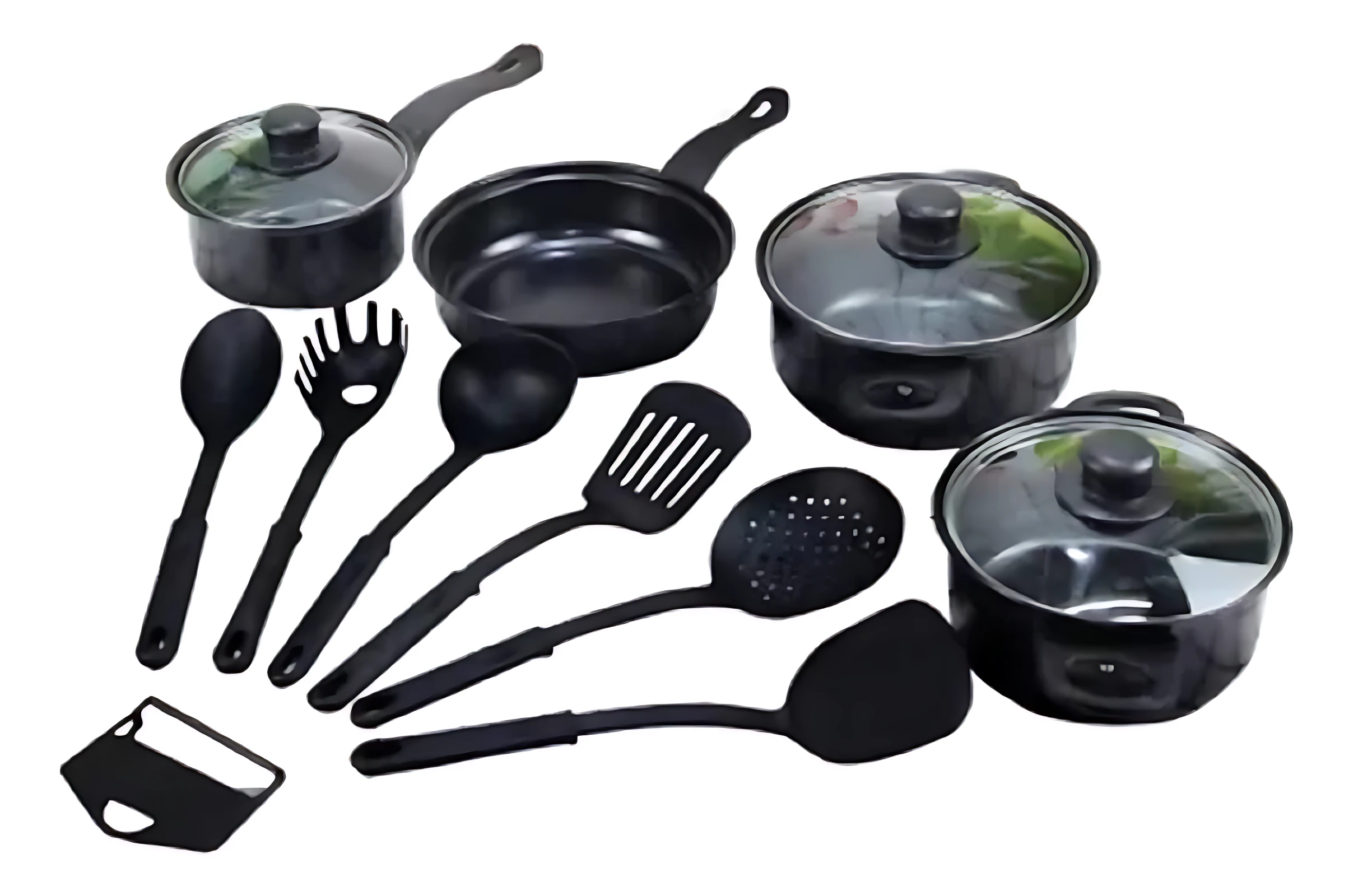 Juego de ollas negras con tapas de vidrio, incluye sartén, cacerolas, utensilios de cocina y pelador.