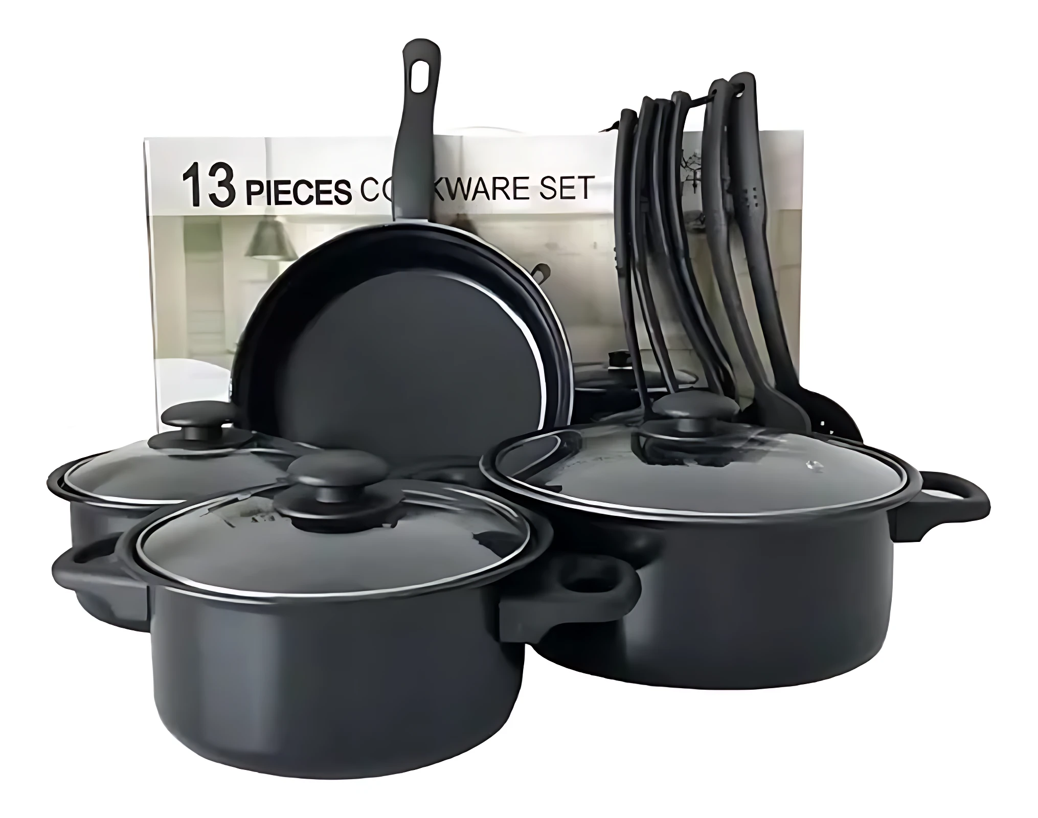 Juego de ollas negras de 13 piezas con tapas de vidrio, incluye sartén, cacerolas y utensilios, presentado en caja con fondo blanco.