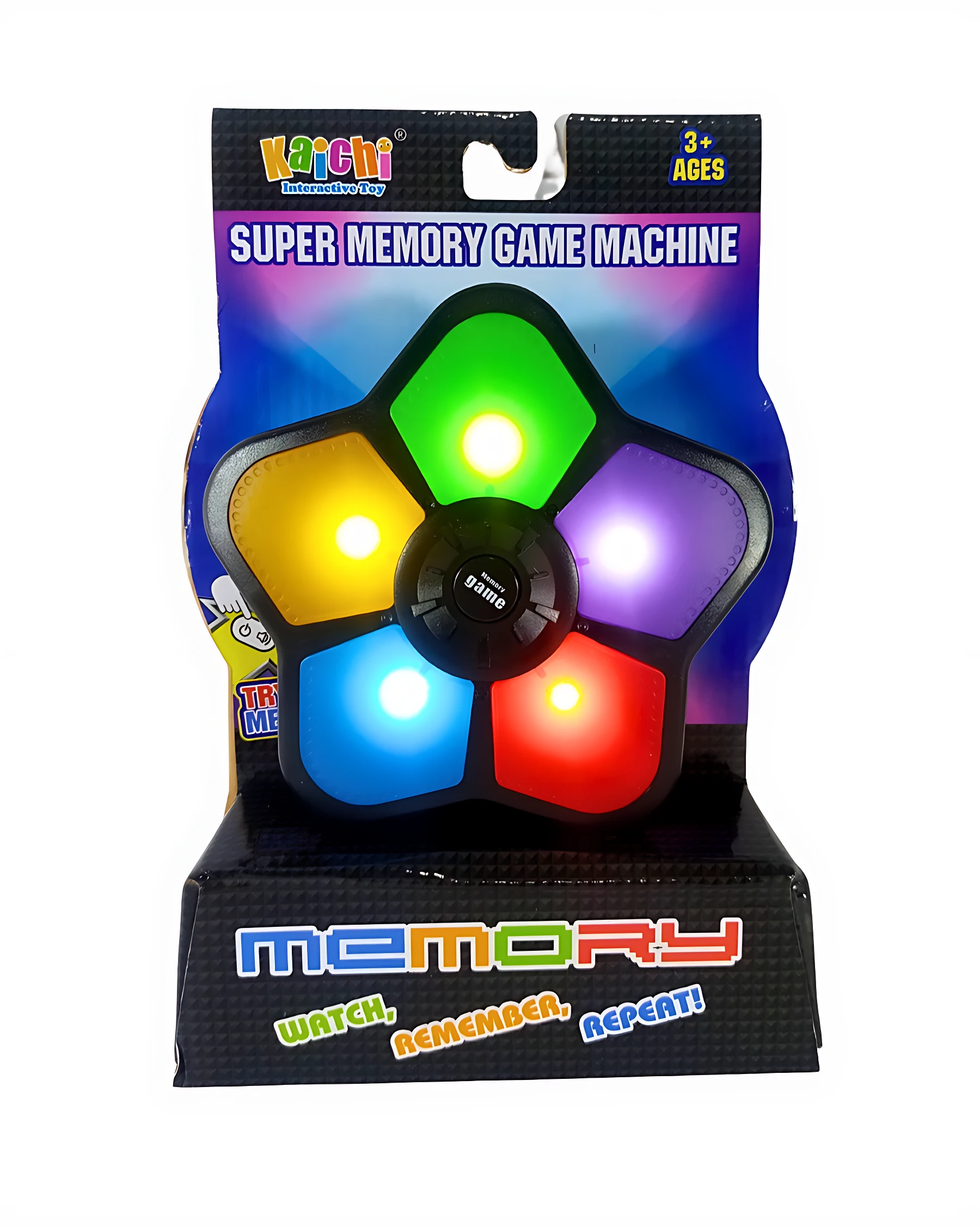 Juego de memoria en forma de estrella con cinco botones de colores que se iluminan, diseñado para entrenar la memoria visual y mejorar la atención en niños de 3 años en adelante.