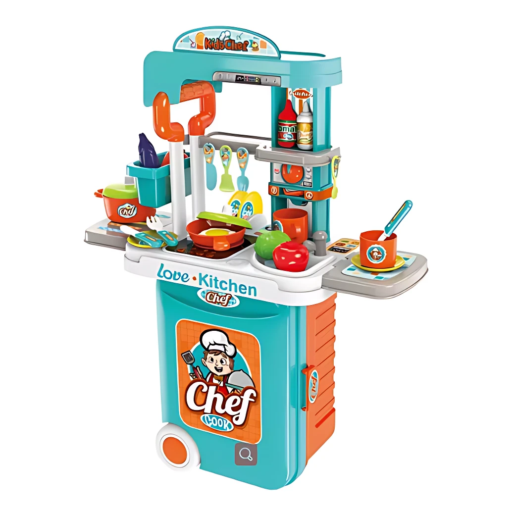 Maleta de cocina infantil en azul y naranja con accesorios de juguete, estantes, utensilios y botellas para juego de rol.