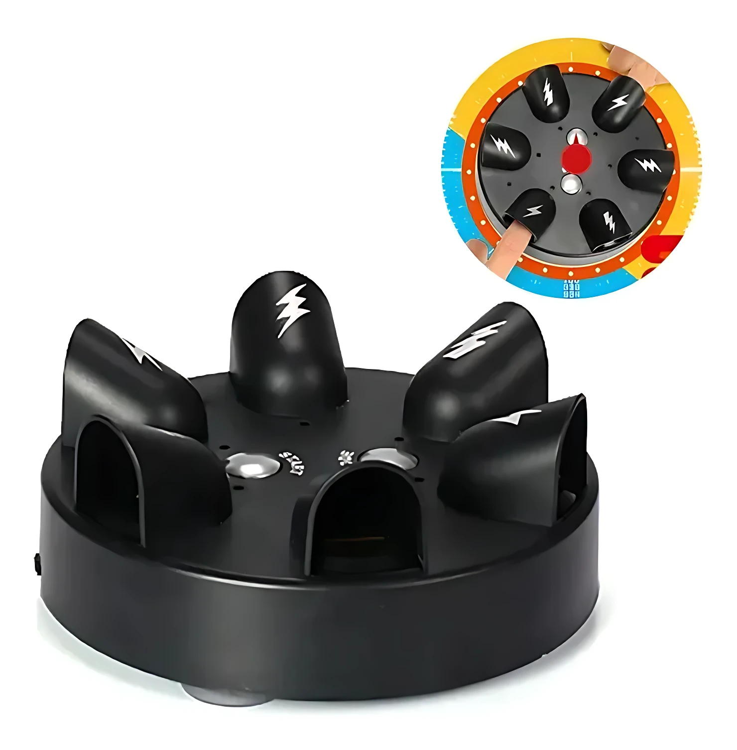 Ruleta eléctrica negra con seis puños de goma, detalles en blanco y luces LED, vista frontal con diagrama de uso en esquina superior derecha.