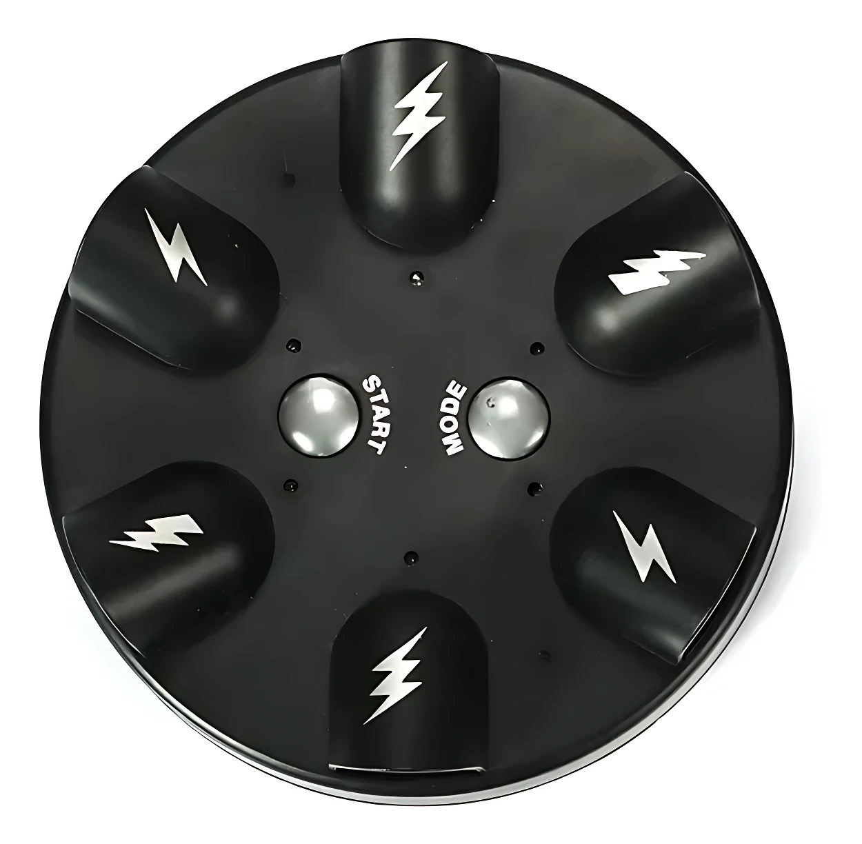 Ruleta eléctrica negra con seis botones de activación en forma de rayo, dos botones centrales etiquetados como START y MODE, vista superior.