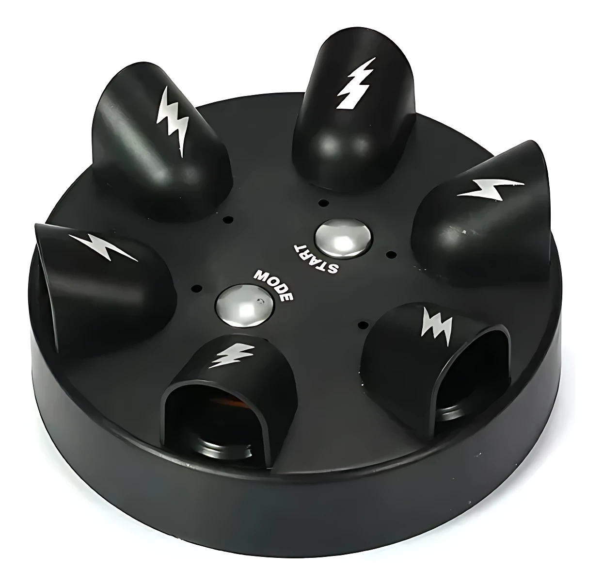 Ruleta eléctrica negra con seis botones en forma de dedo, detalles de rayos blancos y dos botones centrales de inicio y modo.