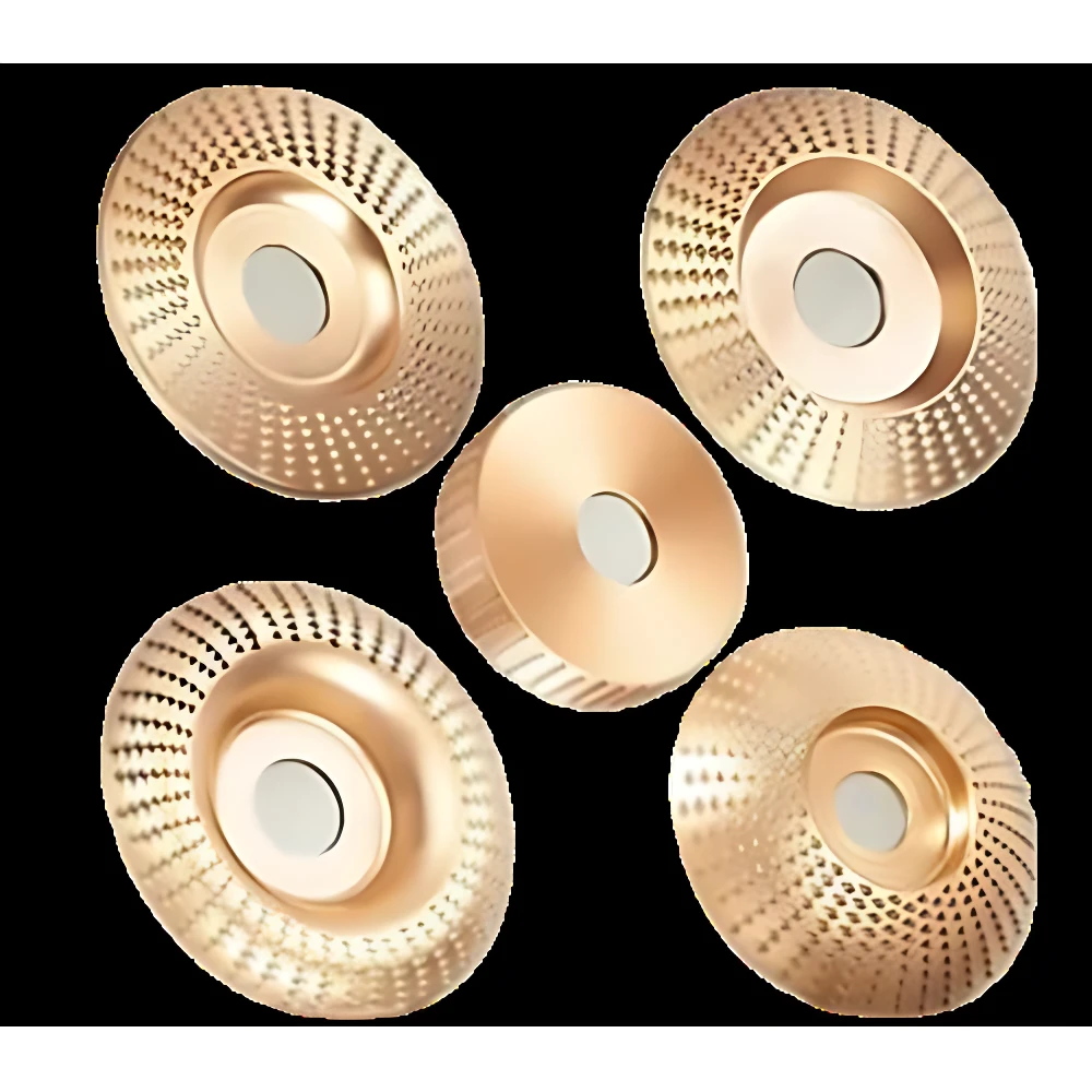 Kit de cinco discos desbaste para madera en carburo de tungsteno, color cobre, con textura perforada y centro metálico, dispuestos sobre fondo negro.