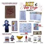 Kit Año Viejo con muñeco para quemar, lapiz varita mágica, mapa de sueños, propósitos, recuerdos para olvidar, letrero para el nombre, cuco de la suerte, alcohol, fosforos, lentesjas, espiga y dolar. Caja marrón con texto "Adios Año Viejo". Medidas: largo 16,5 cm, ancho 13 cm, alto 3 cm.