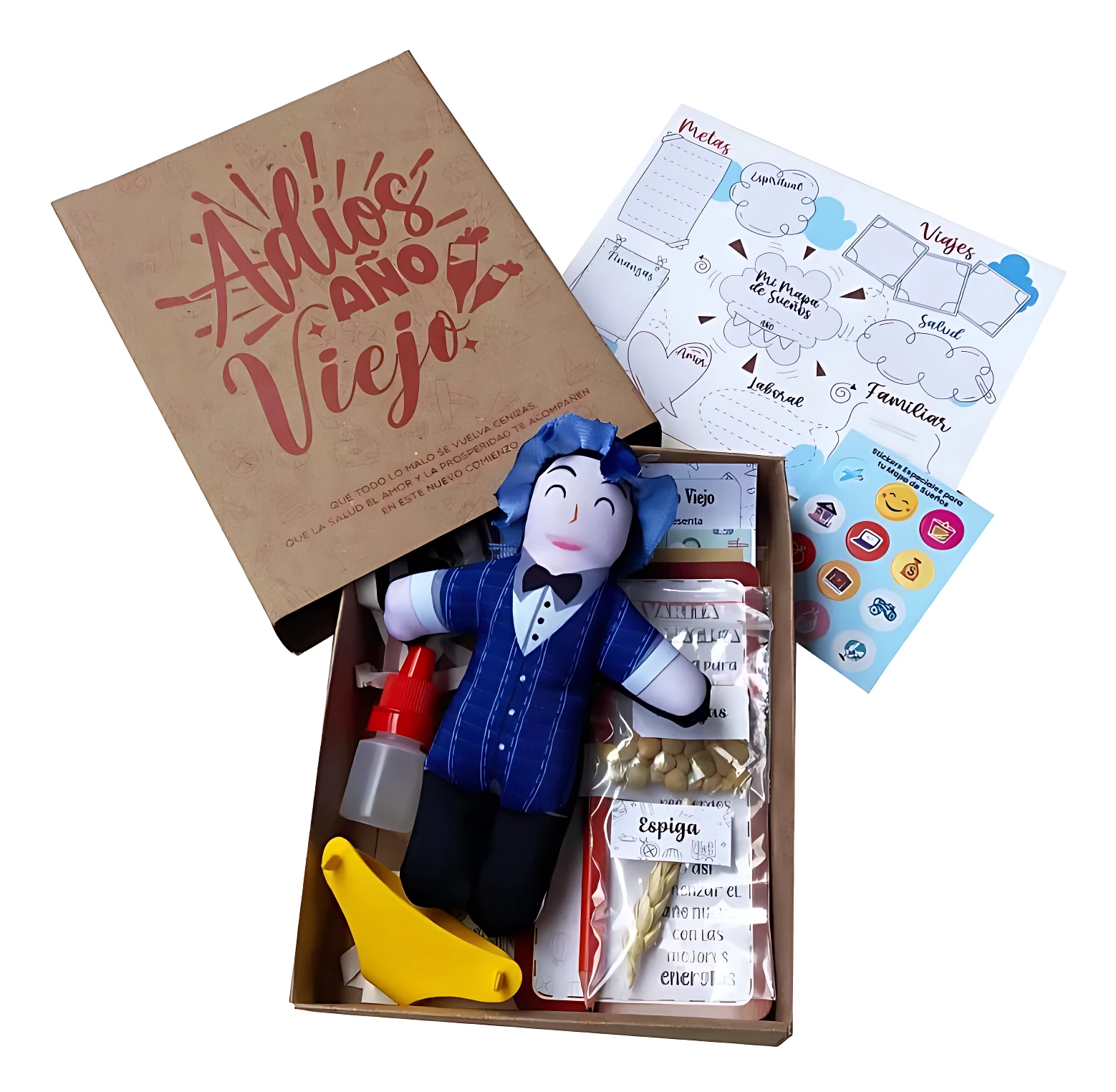 Kit de despedida del año viejo con muñeco azul, hojas de trabajo, pegatinas y accesorios en caja de cartón marrón.