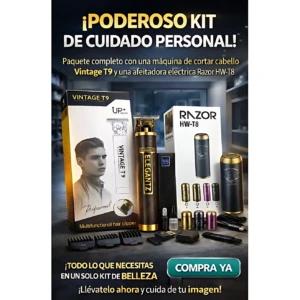 Kit de cuidado personal con máquina Vintage T9 y afeitadora Razor HW-T8, accesorios incluidos, presentación elegante en caja blanca y negra.
