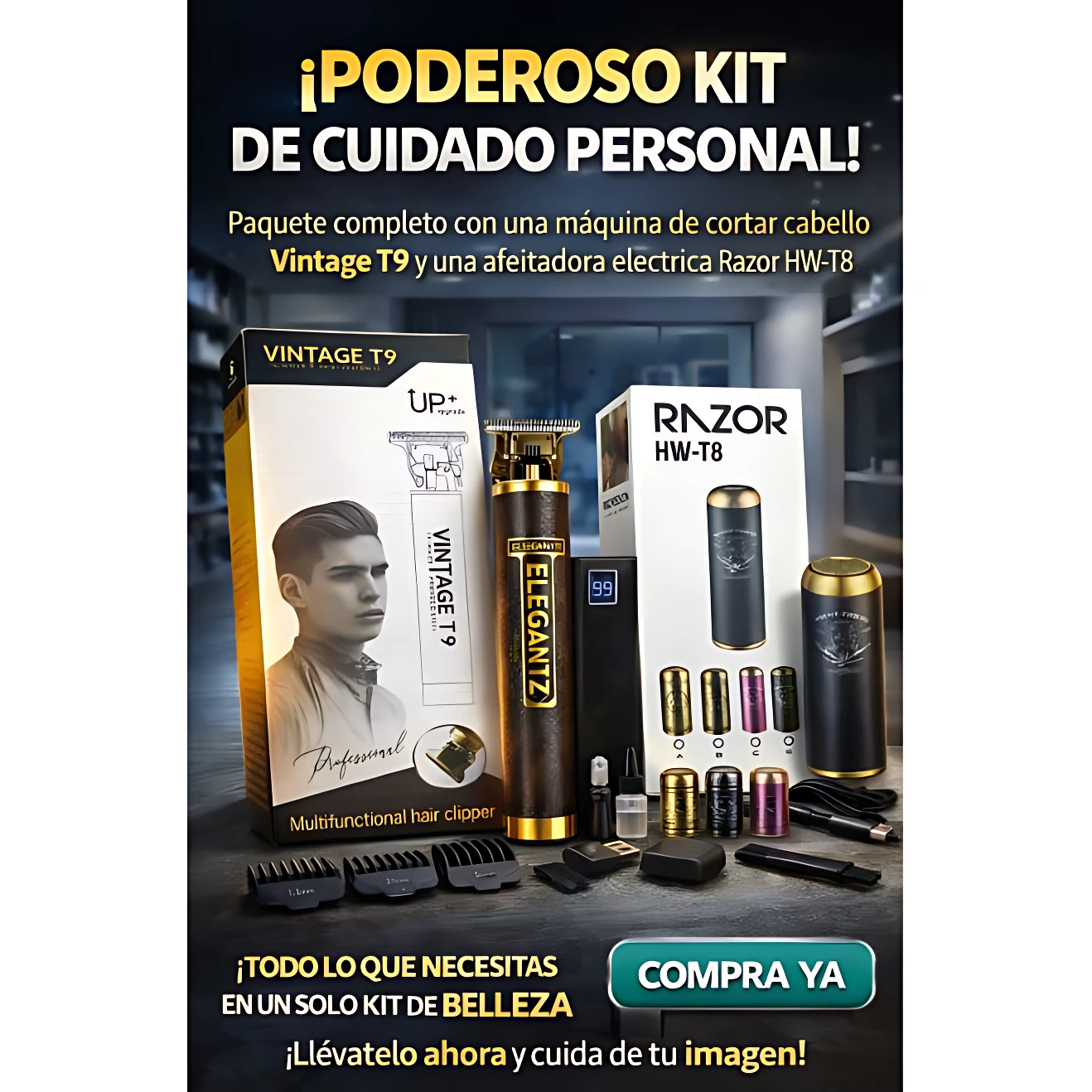 Kit de cuidado personal con máquina Vintage T9 y afeitadora Razor HW-T8, accesorios incluidos, presentación elegante en caja blanca y negra.