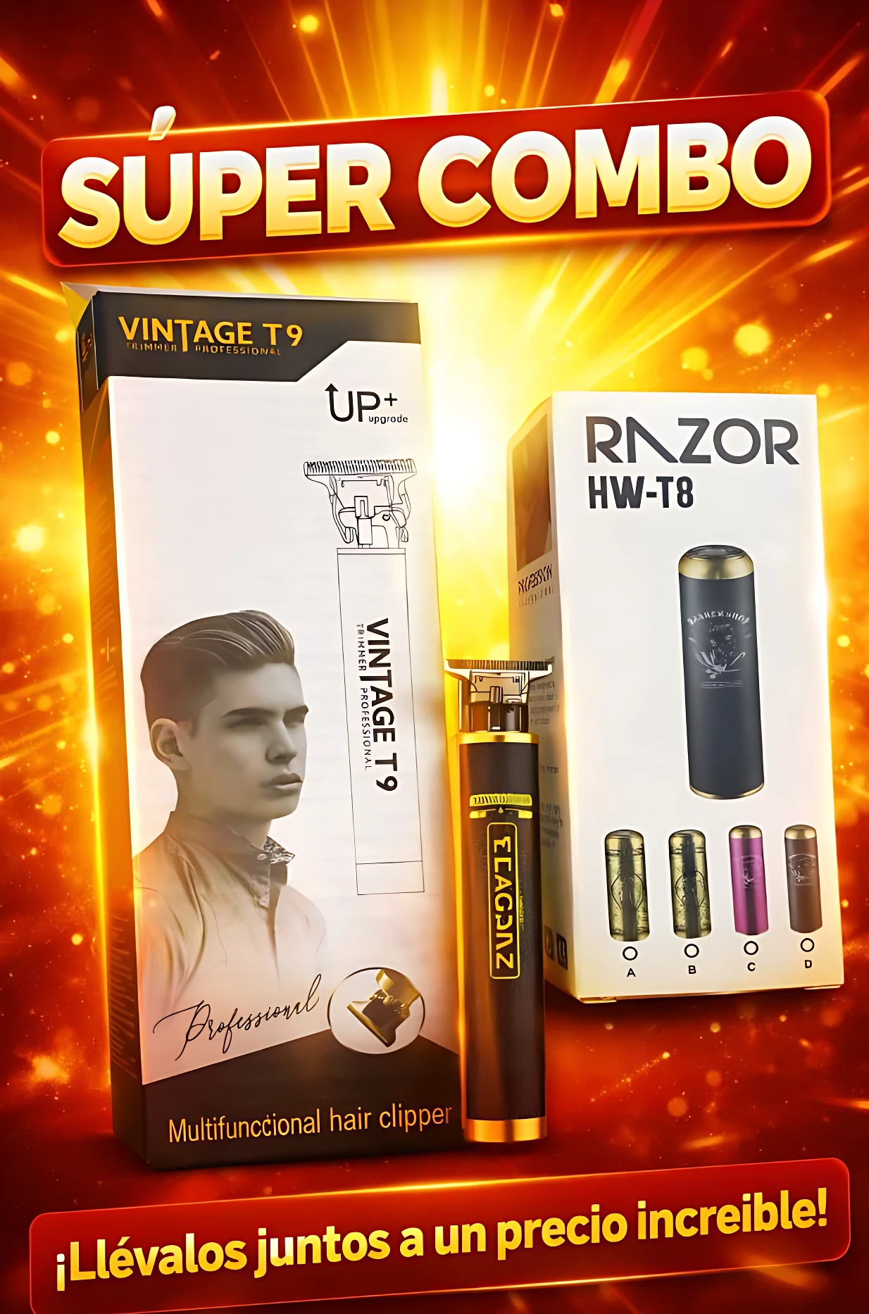 Pack promocional de afeitadora eléctrica Vintage T9 y recortadora RNZOR HW-T8, con accesorios visibles y diseño retro en tonos dorados y negros.