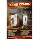 Super Combo con máquina Vintage T9 y afeitadora eléctrica Razor HW-T8, mostrando cajas, accesorios y productos en tonos negros, dorados y plateados sobre mesa de madera.