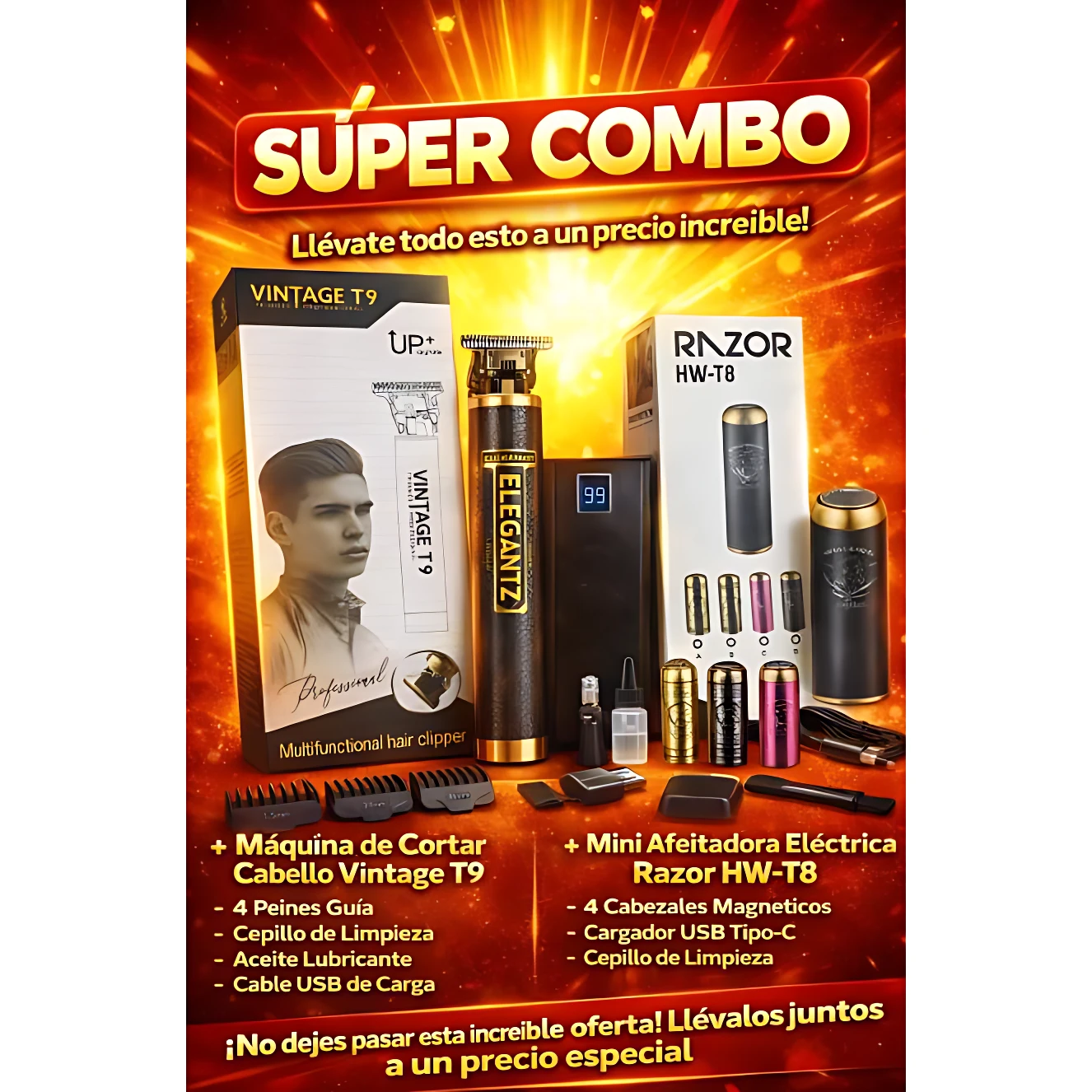 Pack promocional con afeitadora eléctrica Vintage T9 y Razor HW-T8, accesorios incluidos, fondo naranja brillante.