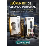 Kit de cuidado personal con máquina Vintage T9 y afeitadora eléctrica Razor HW-T8, accesorios incluidos sobre fondo oscuro.