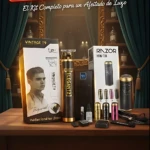 Oferta barbero: kit completo con afeitadora eléctrica vintage portátil, accesorios y accesorios en caja sobre mesa de madera.
