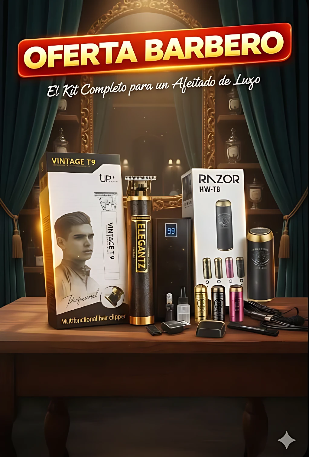Oferta barbero: kit completo con afeitadora eléctrica vintage portátil, accesorios y accesorios en caja sobre mesa de madera.
