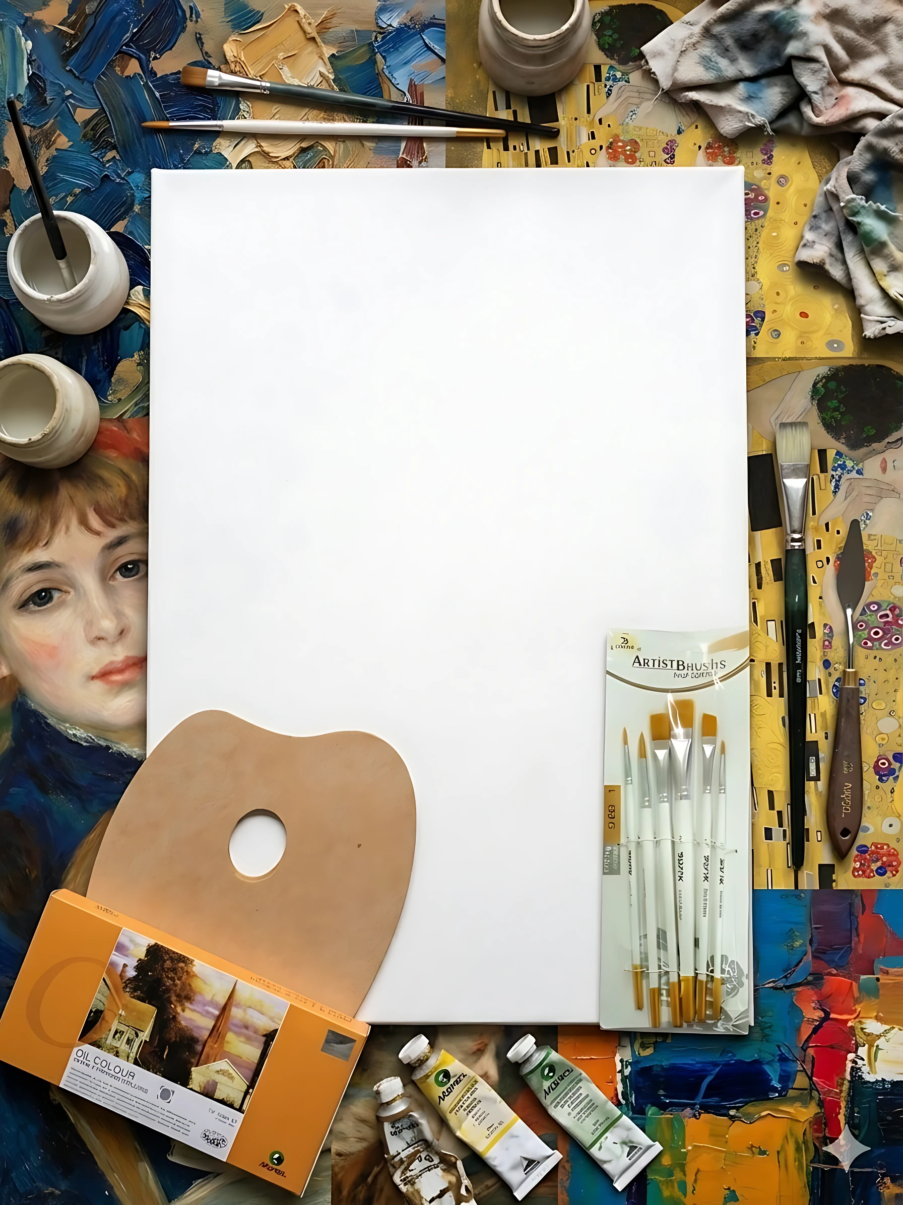 Vista cenital de kit de pintura al óleo con bastidor de madera 60x40, pinceles, tubos de color, paleta y lienzo blanco sobre mesa artística.