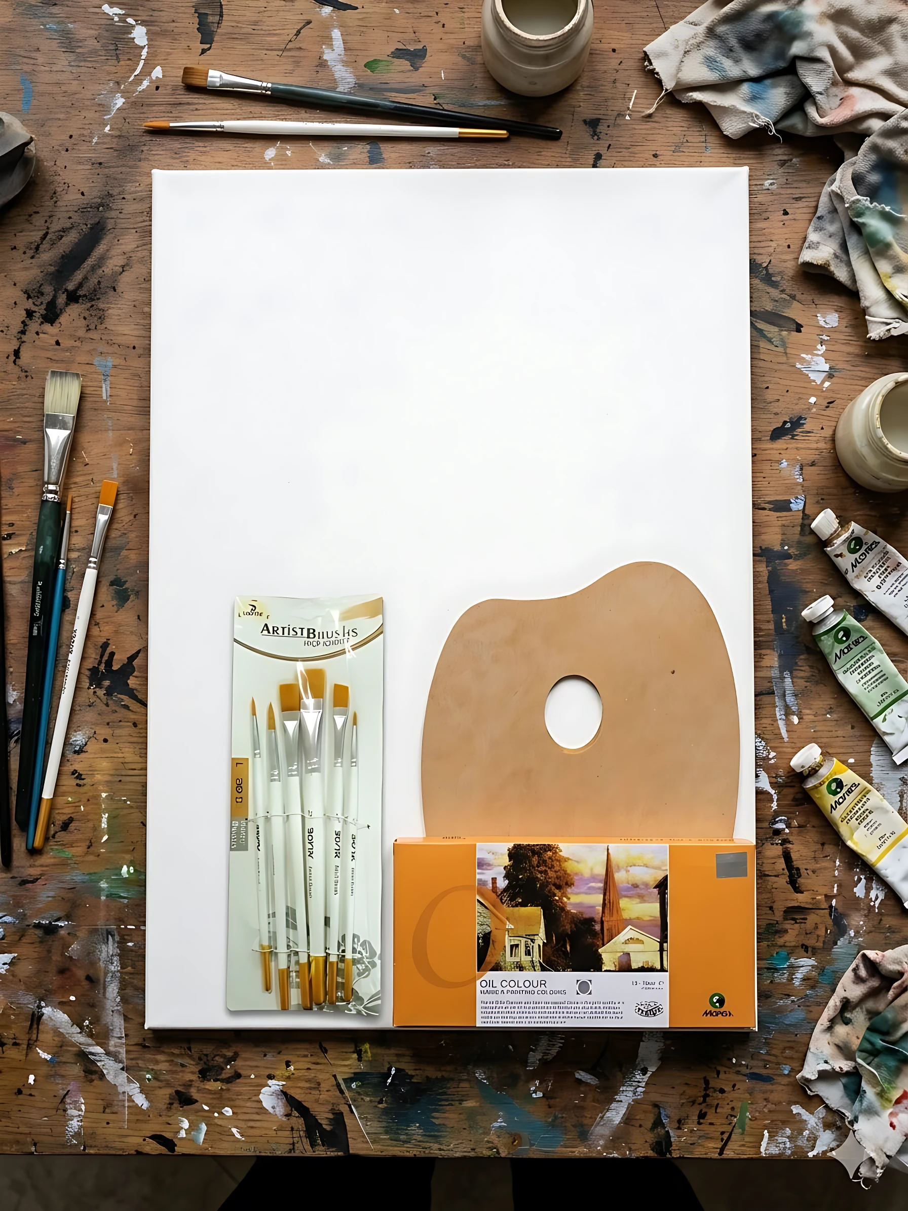 Vista cenital de kit de pintura al óleo sobre mesa de madera con manchas de pintura. Incluye bastidor blanco de 60x40 cm, pinceles nuevos en empaque, paleta de madera, tubos de pintura y trapos usados.
