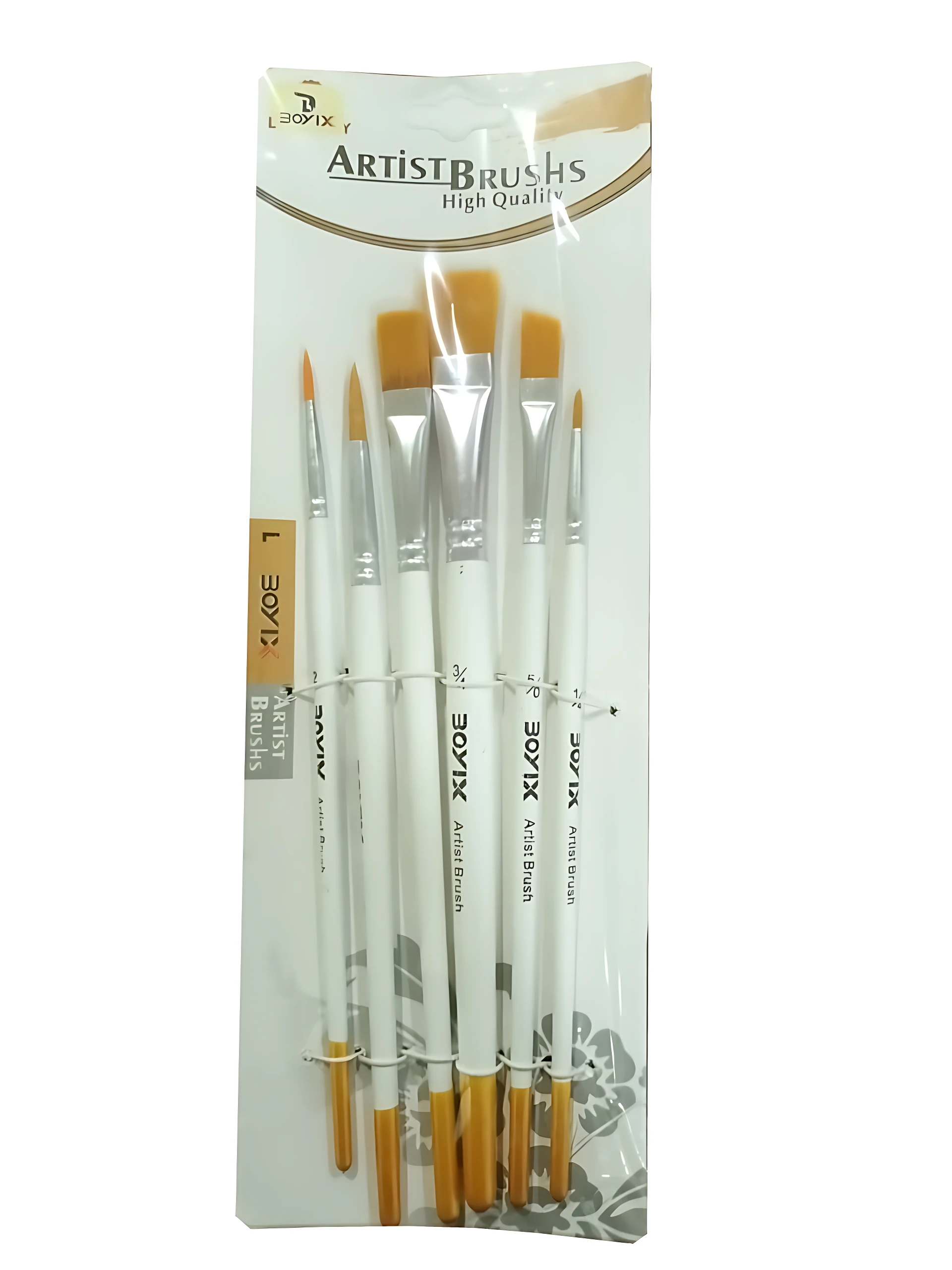 Pack de cinco pinceles de arte con cerdas de color naranja y mangos blancos, presentados en su empaque original.