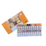 Kit de pintura al óleo con bastidor de madera 60x40, pinceles y tubos de color en caja naranja con de paisaje.