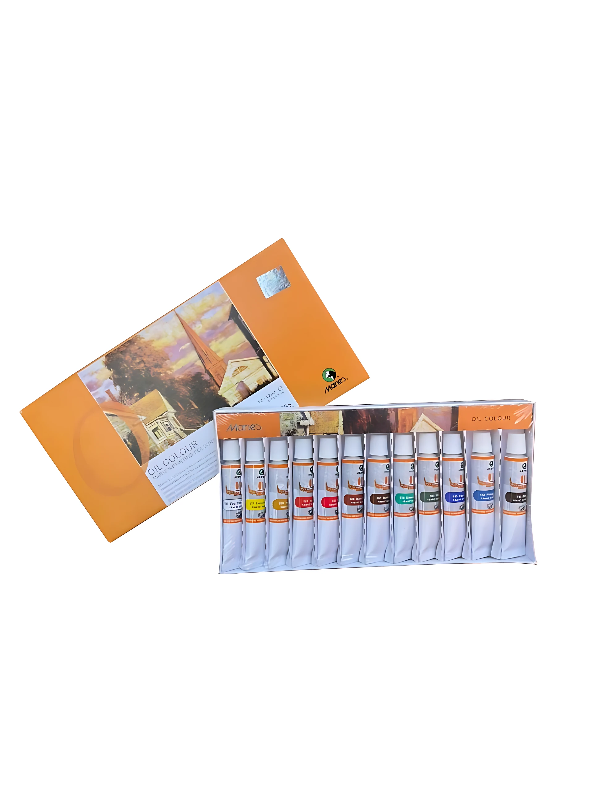 Kit de pintura al óleo con bastidor de madera 60x40, pinceles y tubos de color en caja naranja con de paisaje.