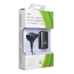 Pack de carga y juego para control Xbox 360 en caja blanca con detalles verdes, mostrando el cargador negro de 4200mAh y el cable USB integrado.