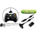 Kit de carga inalámbrica para control Xbox 360, con cable USB de 2.7m y base magnética negra. Incluye adaptador y cargador. Compatible con controles oficiales y genéricos.