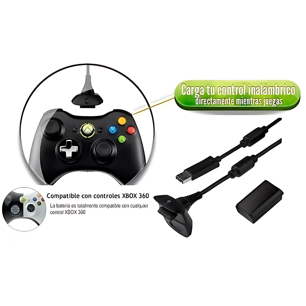 Kit de carga inalámbrica para control Xbox 360, con cable USB de 2.7m y base magnética negra. Incluye adaptador y cargador. Compatible con controles oficiales y genéricos.