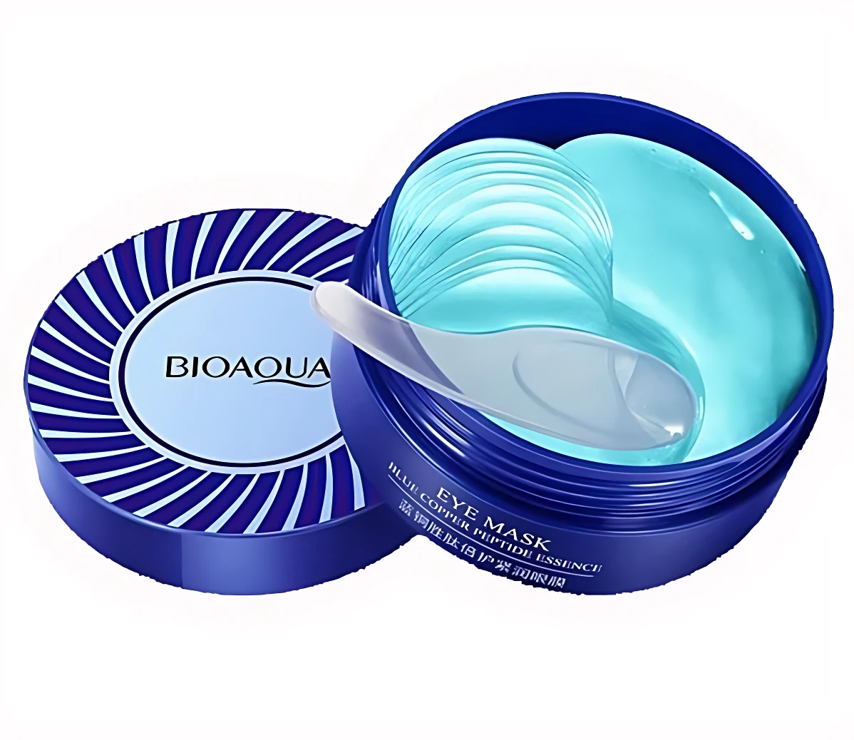 Contenedor azul abierto con parches oculares de gel en forma de corazón, tapa lateral con diseño de rayas y logotipo BIOAQUA visible.