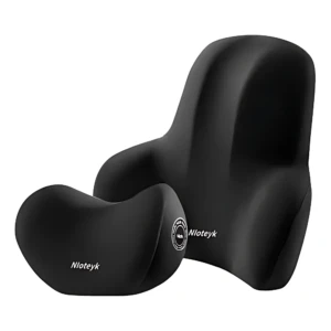 Kit de almohadas ergonómicas Nlotey en color negro, con soporte para cuello y respaldo lumbar, diseñadas para mejorar la postura y reducir tensión muscular durante viajes largos.