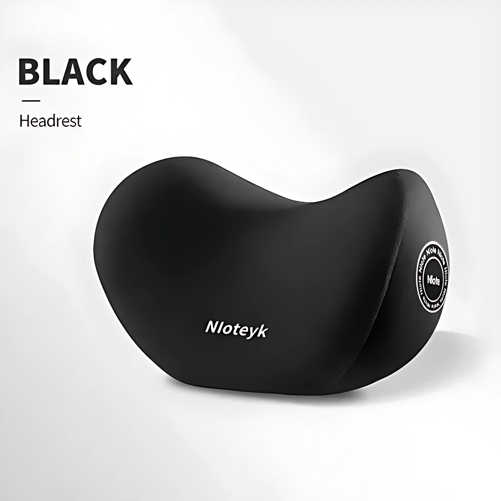 Almohada ergonómica negra para cuello y espalda de la marca Nlotey, con diseño curvo y logotipo visible en lateral.