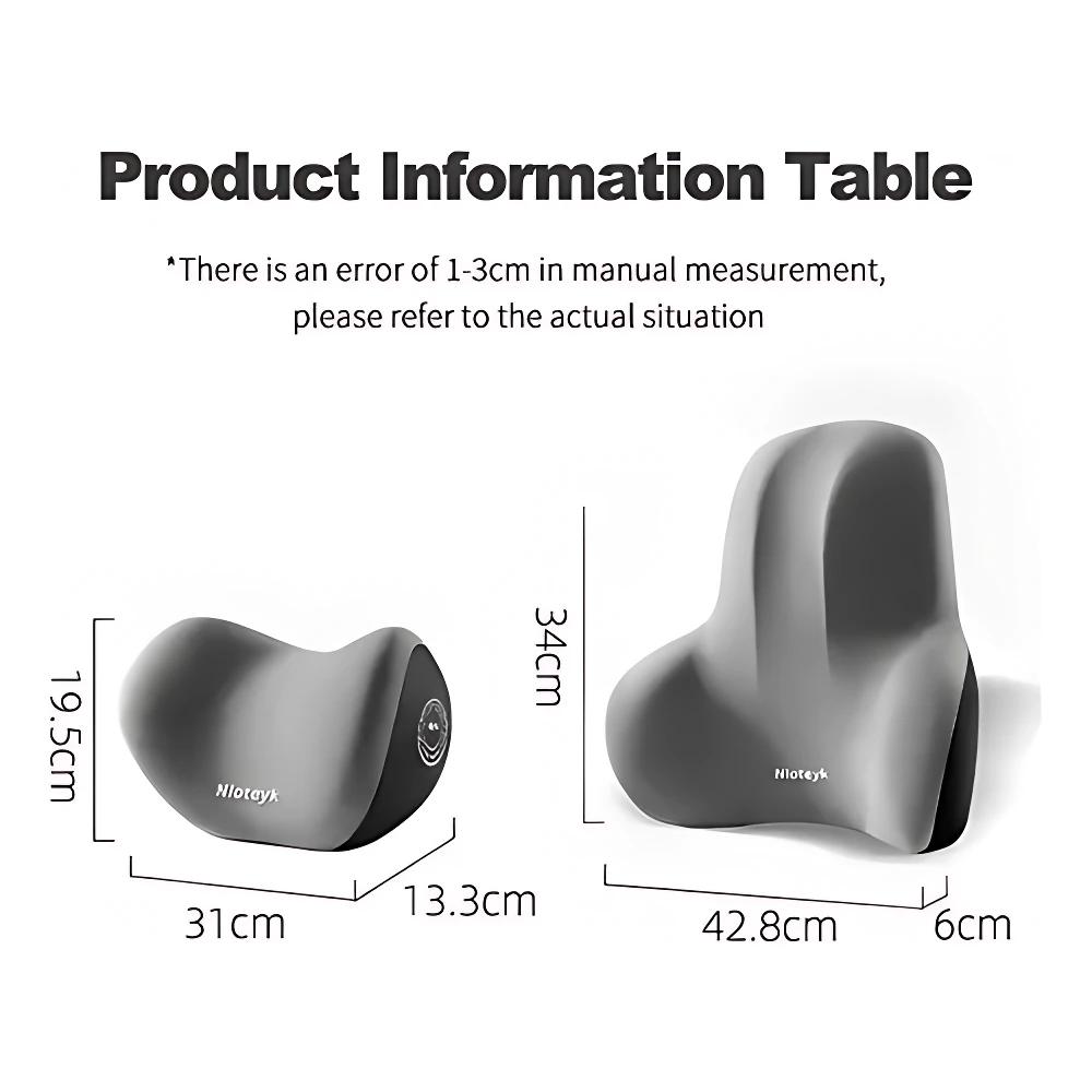 Almohada ergonómica Nlotey en gris oscuro, vista lateral y frontal con medidas: 31x13.3x19.5 cm y 42.8x6x34 cm. Diseño curvo para soporte cervical y lumbar.