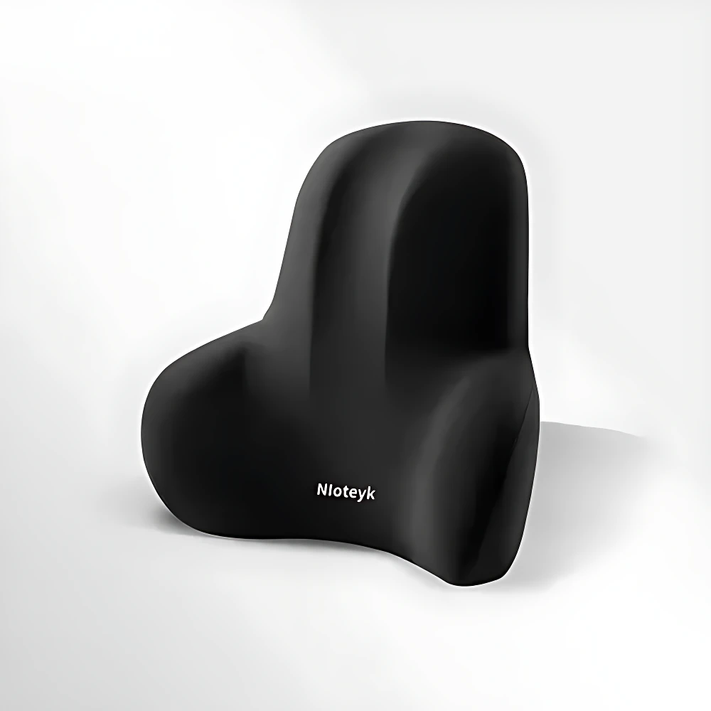 Almohada ergonómica negra para cuello y espalda de la marca Nlotey, con diseño curvo y acabado mate, ideal para viajes largos.