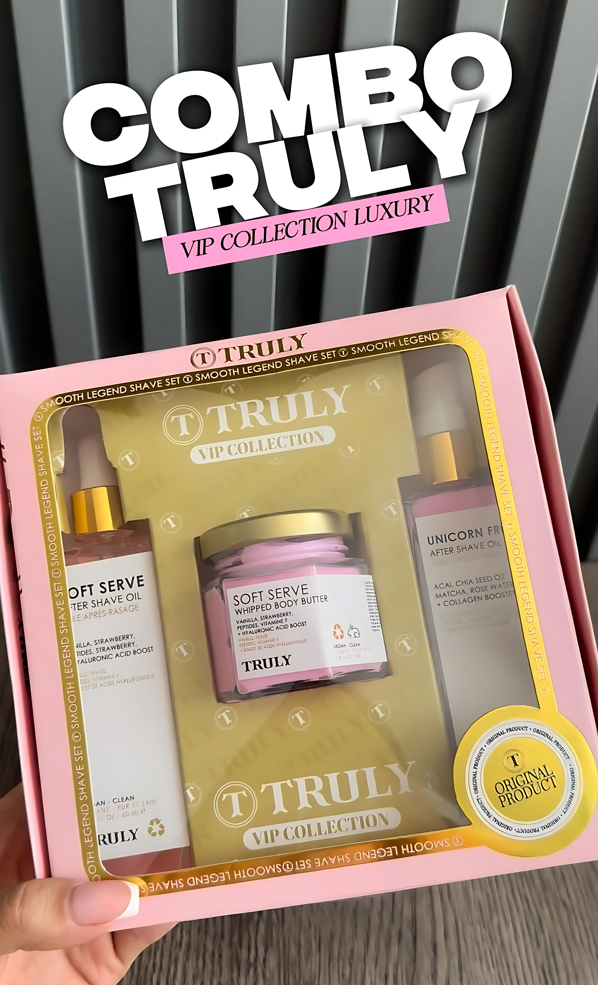 Kit de cuidado corporal Truly en caja rosa con tres productos: aceite de afeitado, crema corporal y loción corporal, todos con etiquetas blancas y doradas.
