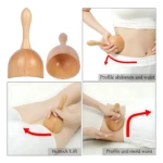 Kit de masaje en madera con tres herramientas: mango ergonómico, cuenco y bola. Se muestra su uso en abdomen, cadera y glúteos para aliviar tensión y modelar figura.