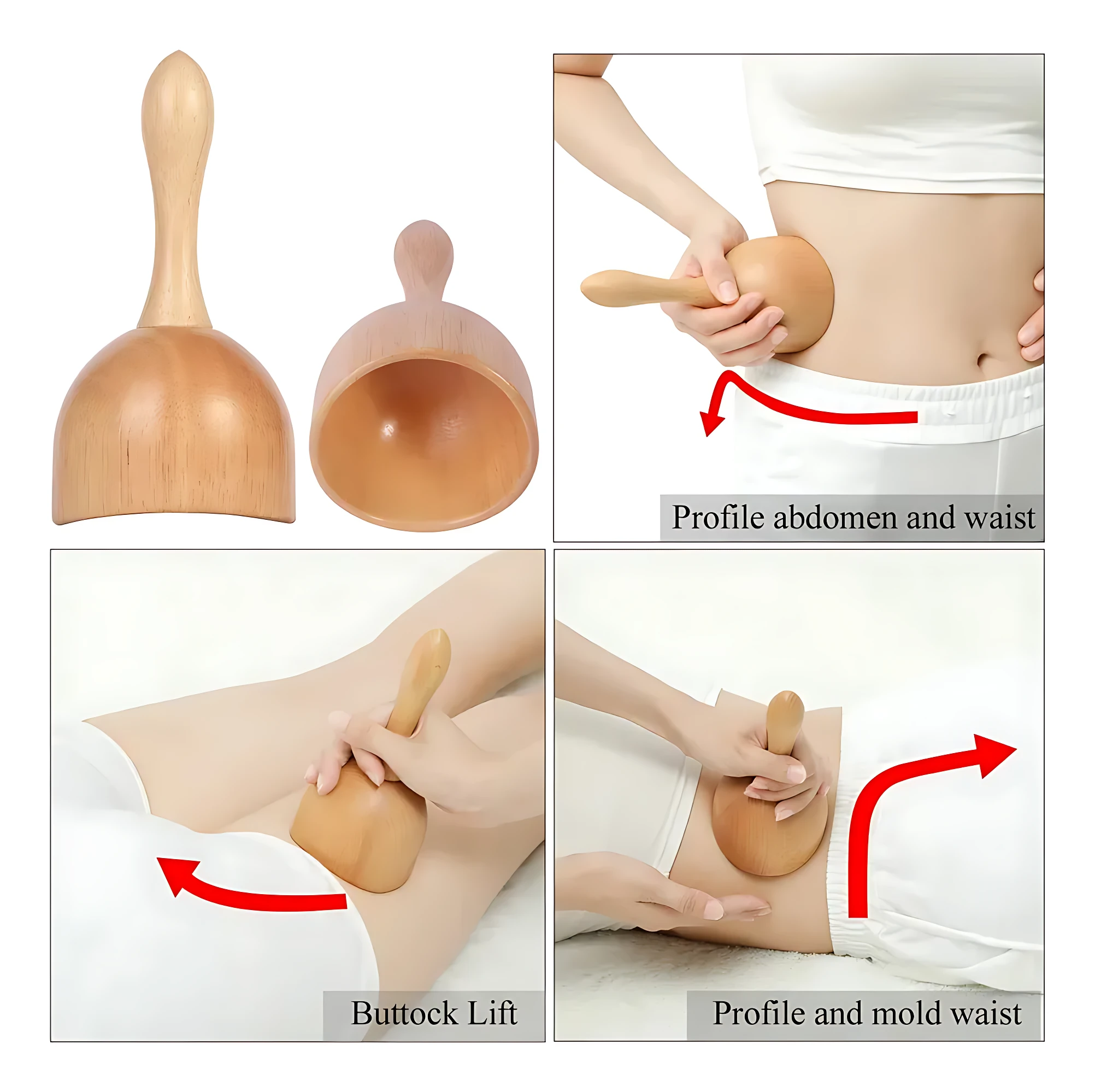 Kit de masaje en madera con tres herramientas: mango ergonómico, cuenco y bola. Se muestra su uso en abdomen, cadera y glúteos para aliviar tensión y modelar figura.