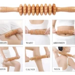 Rodillo de masaje en madera con seis esferas, mostrado en uso sobre piernas, cintura, abdomen, muslos, pantorrillas y cuello.