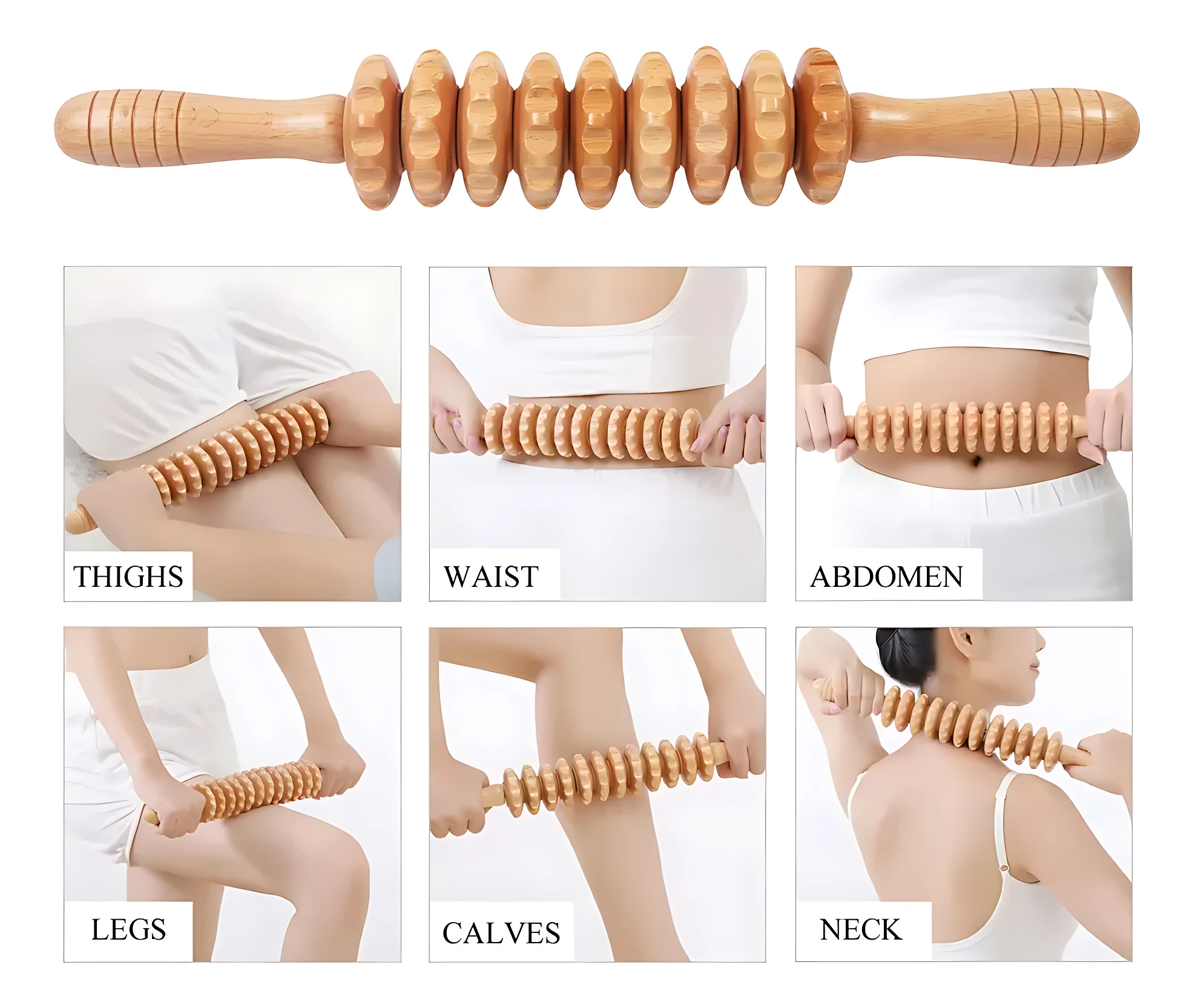 Rodillo de masaje en madera con seis esferas, mostrado en uso sobre piernas, cintura, abdomen, muslos, pantorrillas y cuello.