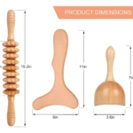 Kit de tres herramientas de madera para masaje: rodillo con esferas, espátula ergonómica y bola con mango. Medidas visibles: 15.2 pulgadas de largo total, 11 pulgadas de altura en la espátula y 7 pulgadas en la bola. Color natural de madera clara.