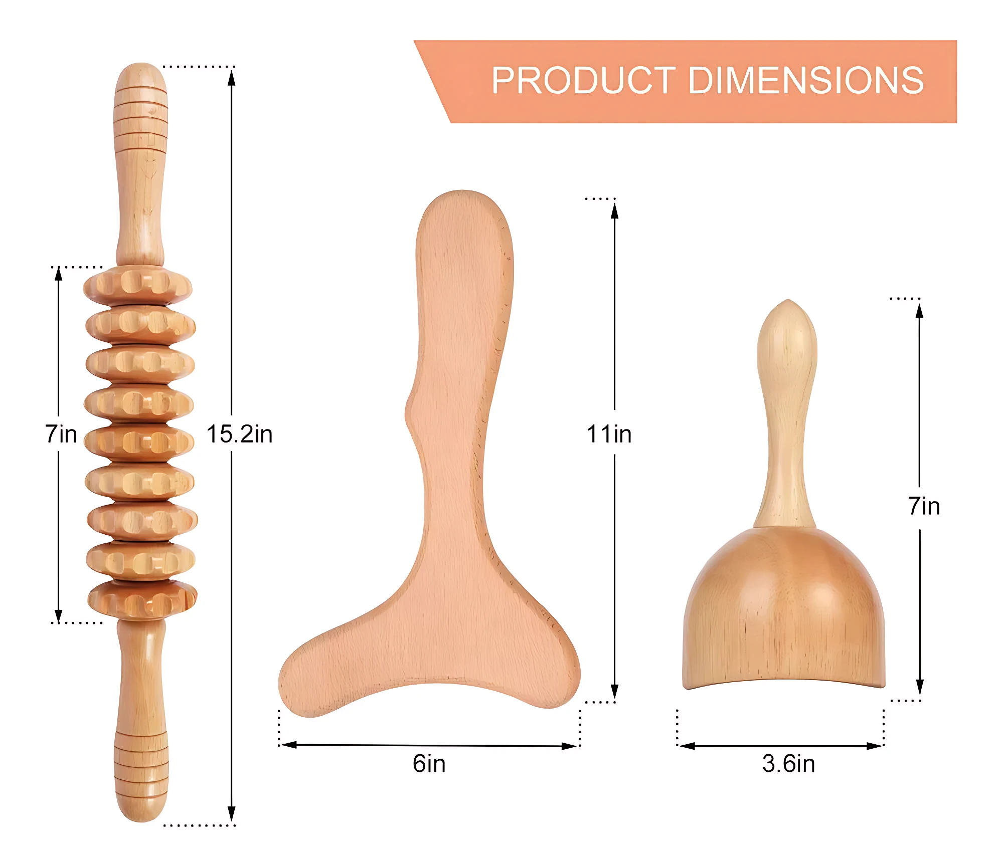 Kit de tres herramientas de madera para masaje: rodillo con esferas, espátula ergonómica y bola con mango. Medidas visibles: 15.2 pulgadas de largo total, 11 pulgadas de altura en la espátula y 7 pulgadas en la bola. Color natural de madera clara.