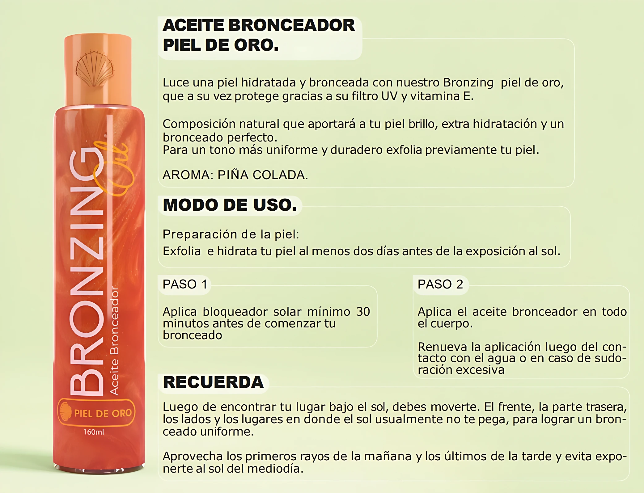 Bronzing Piel de Oro, aceite bronceador con filtro UV y vitamina E. Botella naranja con etiqueta vertical, texto en blanco y detalles dorados. Presentación de 100 ml.